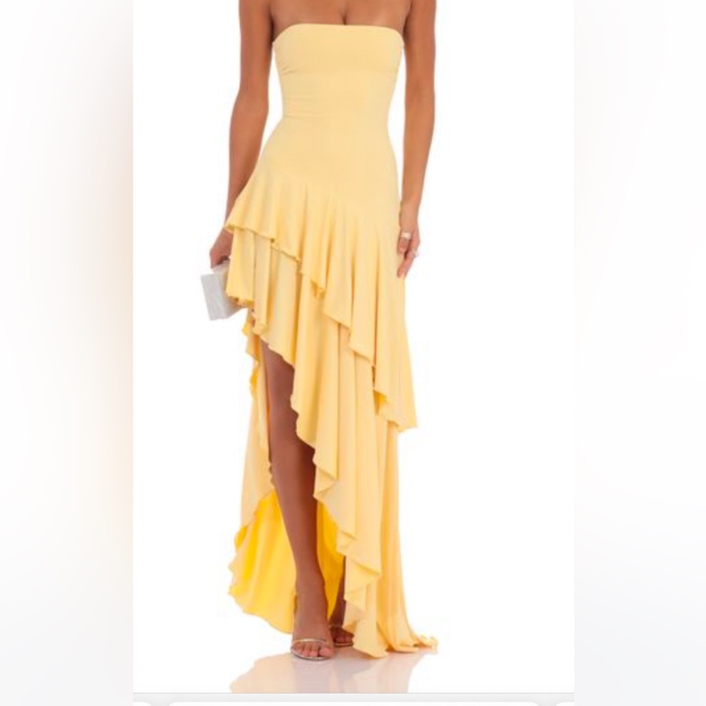 Lucy in the Sky Asymmetrical Strapless Dress in Yellow